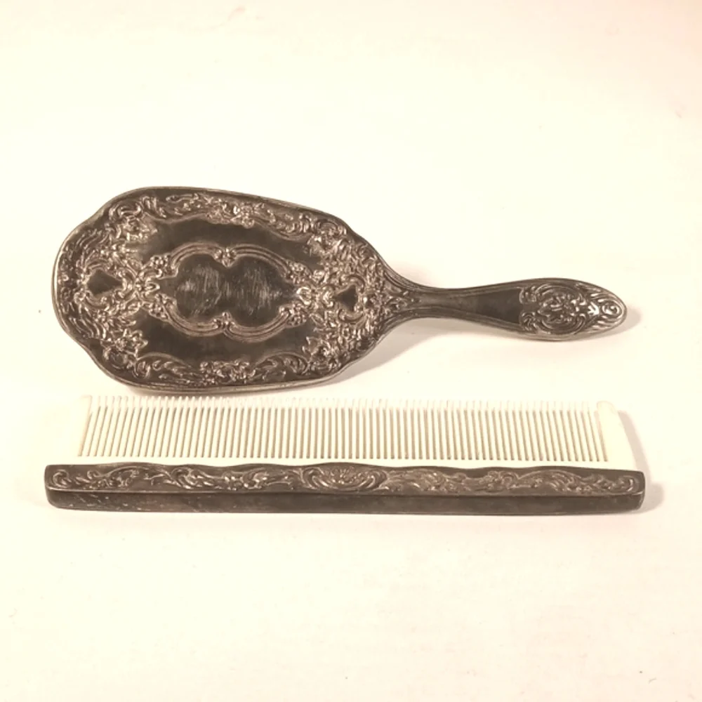 Vintage Silver Plated Ornate Floral Hair Brush And Comb Vanity Set